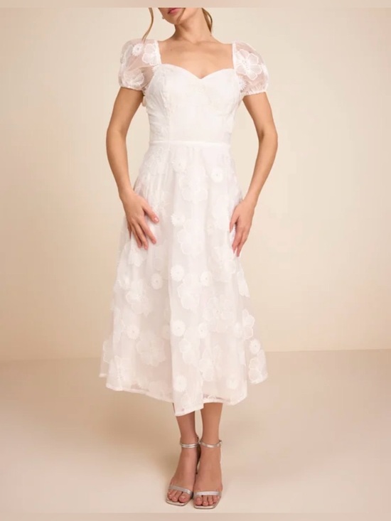 Lulus Dresses & Skirts - Lulus NWT “Sweetest Behavior” White Embroidered Puff Sleeve Midi Dress Sz Small